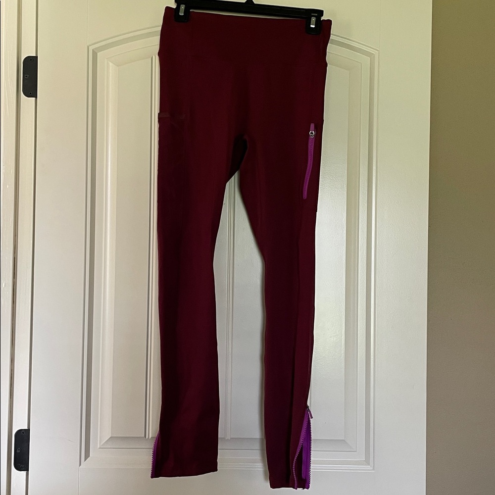 Fabletics Burgundy Leggings with Purple Zipper